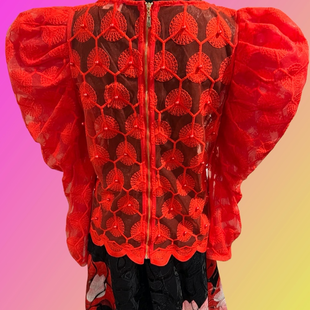 # A032   N BY NANCY  Romantic Vibe  Red  puffy sleeves Vintage top NWT  XL - Picture 5 of 13